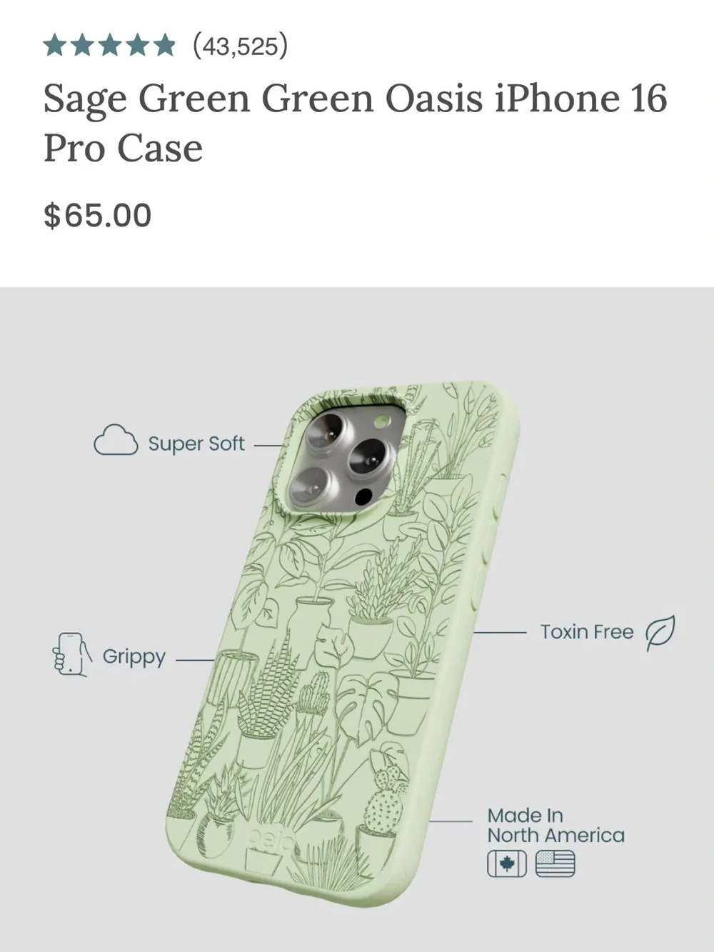 NWOT Pela Sage Green Oasis Mint Green Plant-Relief iPhone 16 Pro Case fits 17